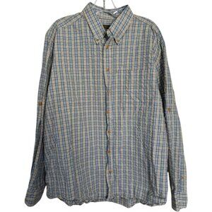 J.L. Powell Seersucker Shirt Button Down Long Sleeve Blue Tan Check Plaid Mens L
